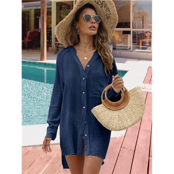Bathing Suit Cover Up Beach Cover Ups Button Down Shirts For Women - Picture 3 of 7